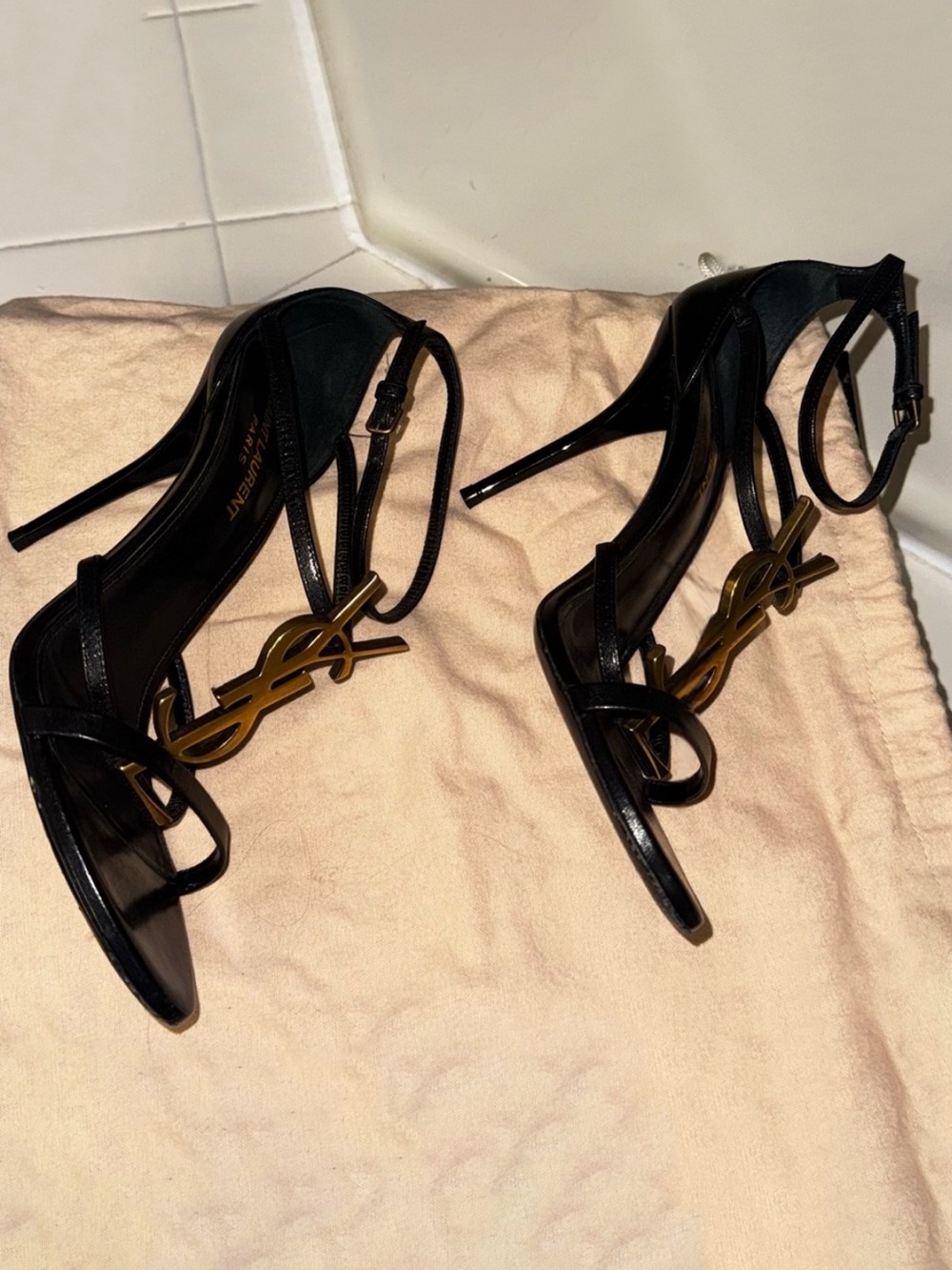 Saint Laurent Black Leather Stiletto Sandals with Gold YSL Logo - Picture 7 of 11